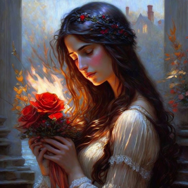 Woman wearing floral crown holding red roses in sunlit space