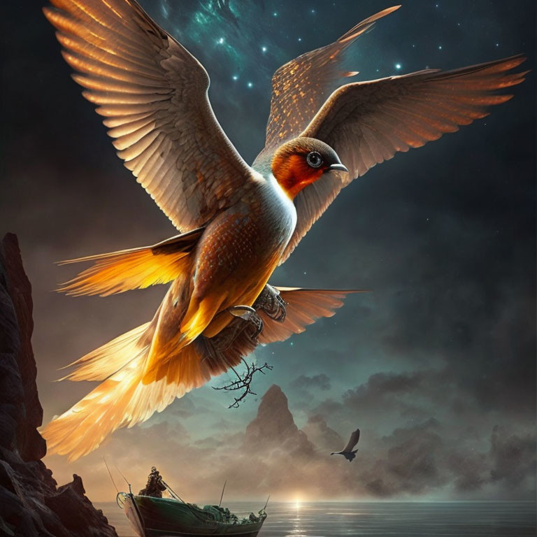 Giant bird with glowing wings flying over night sea with boat and distant bird