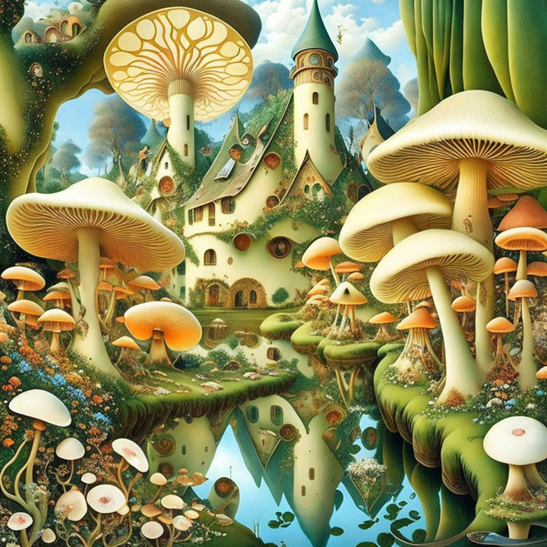 Fantasy mushroom village illustration with oversized fungi and castle by reflective water