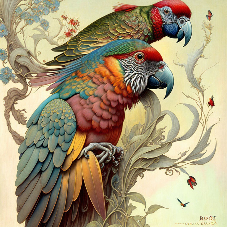 Colorful Parrots with Detailed Feather Patterns in Lush Foliage