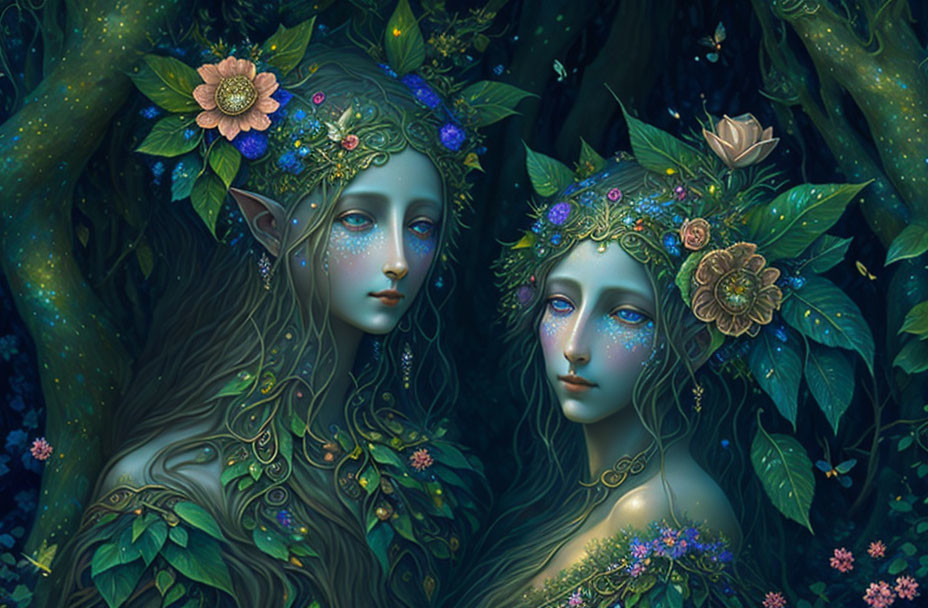 Ethereal creatures with leafy hair in lush forest setting