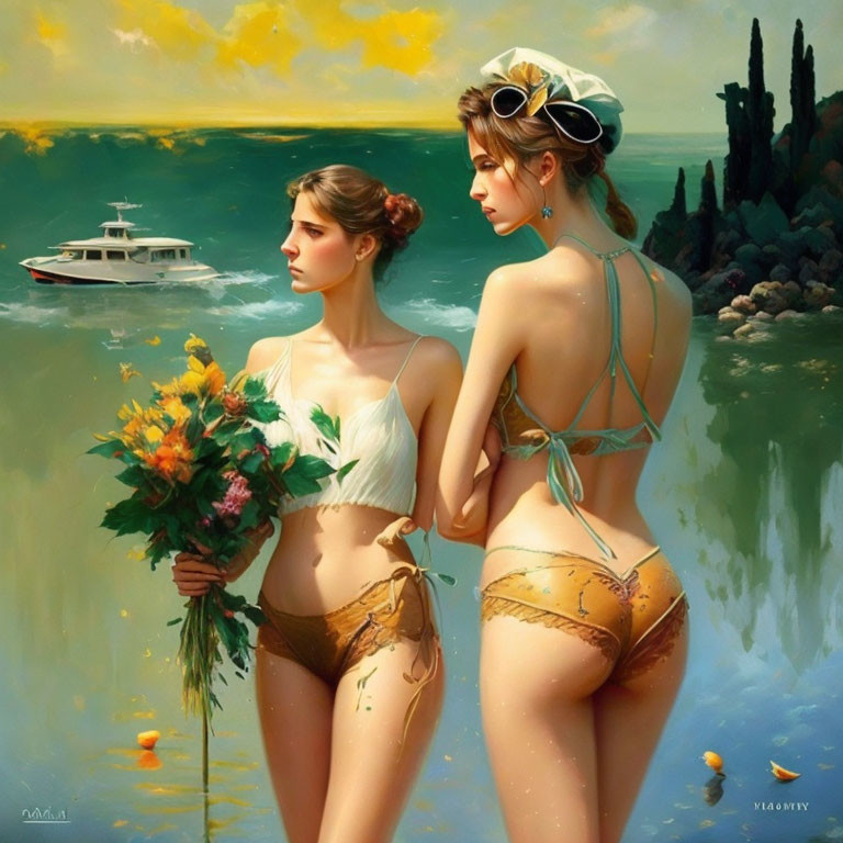 Two women in swimwear by the sea with flowers and sunglasses, yacht in background.