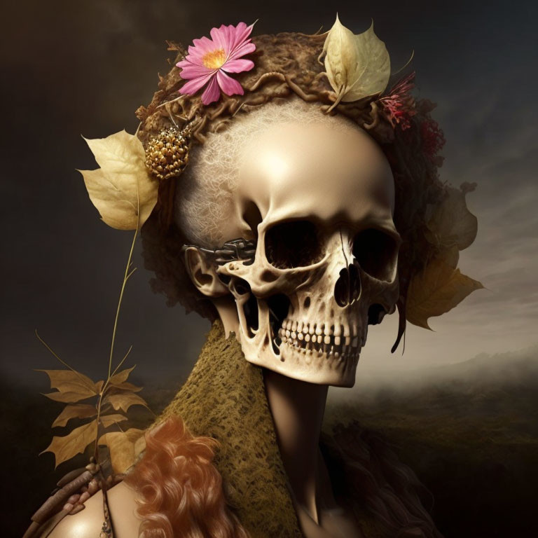 Skull with floral and leaf decorations merging with woman's silhouette