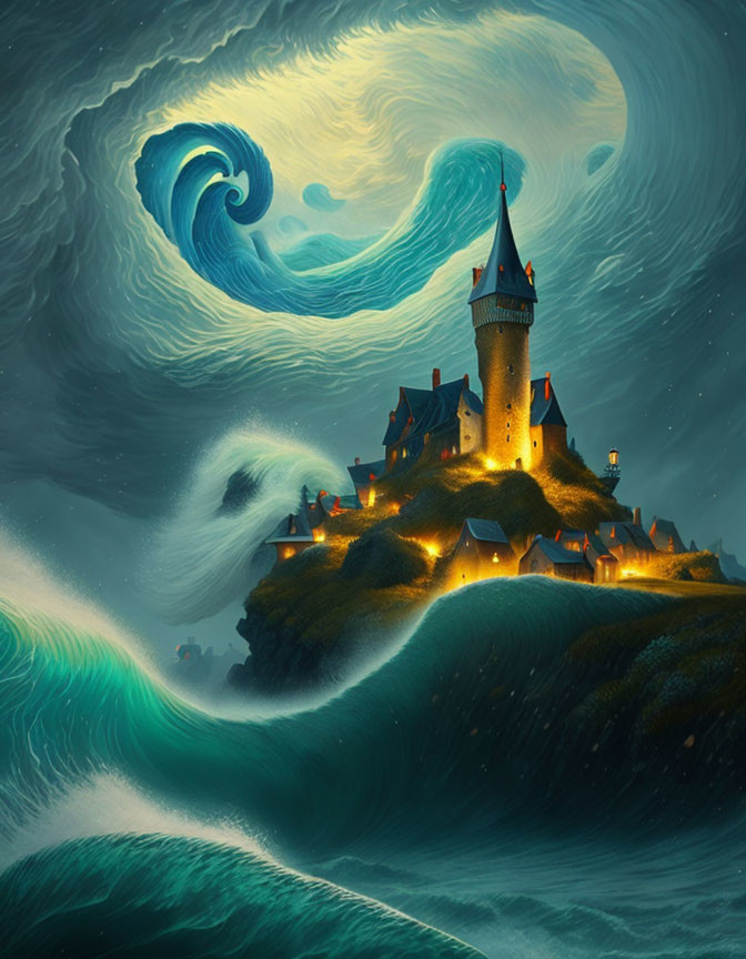 Mystical castle on hill with swirling waves and dramatic sky