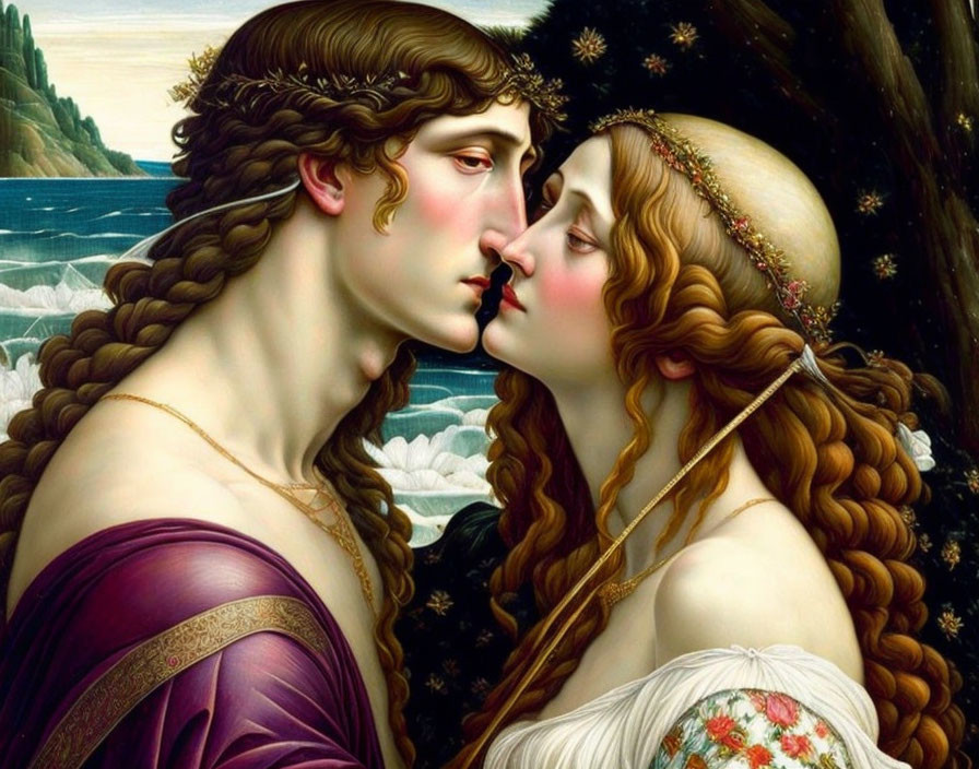 Pre-Raphaelite Style Painting: Close-Up of Two Women Kissing in Forest and Sea