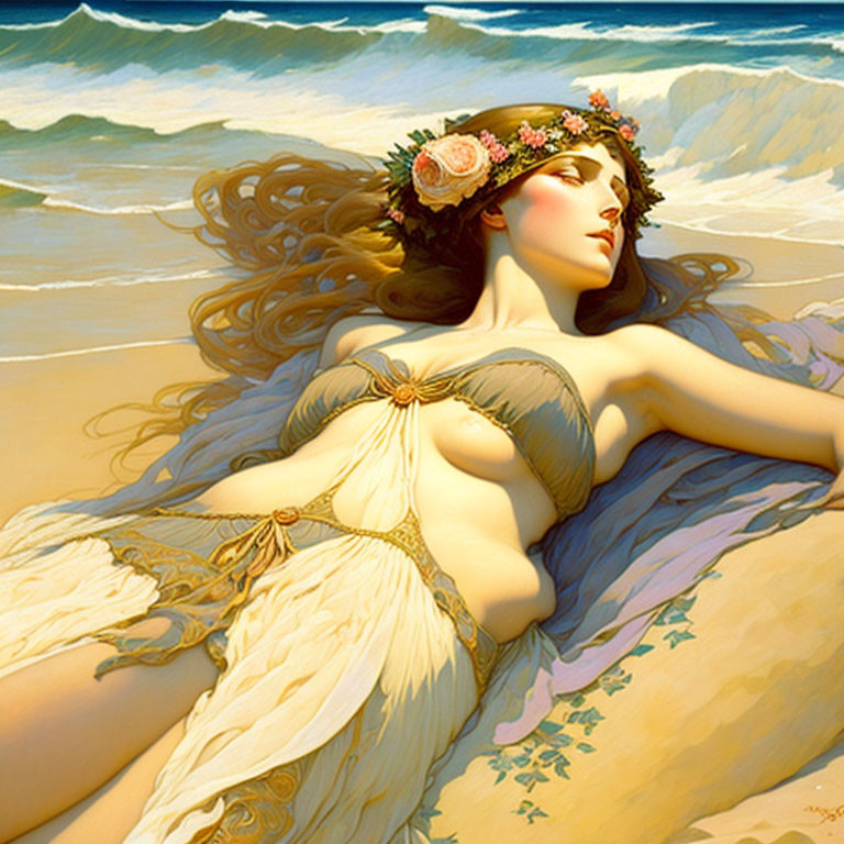 Woman with floral wreath reclining by the sea in serene ambiance