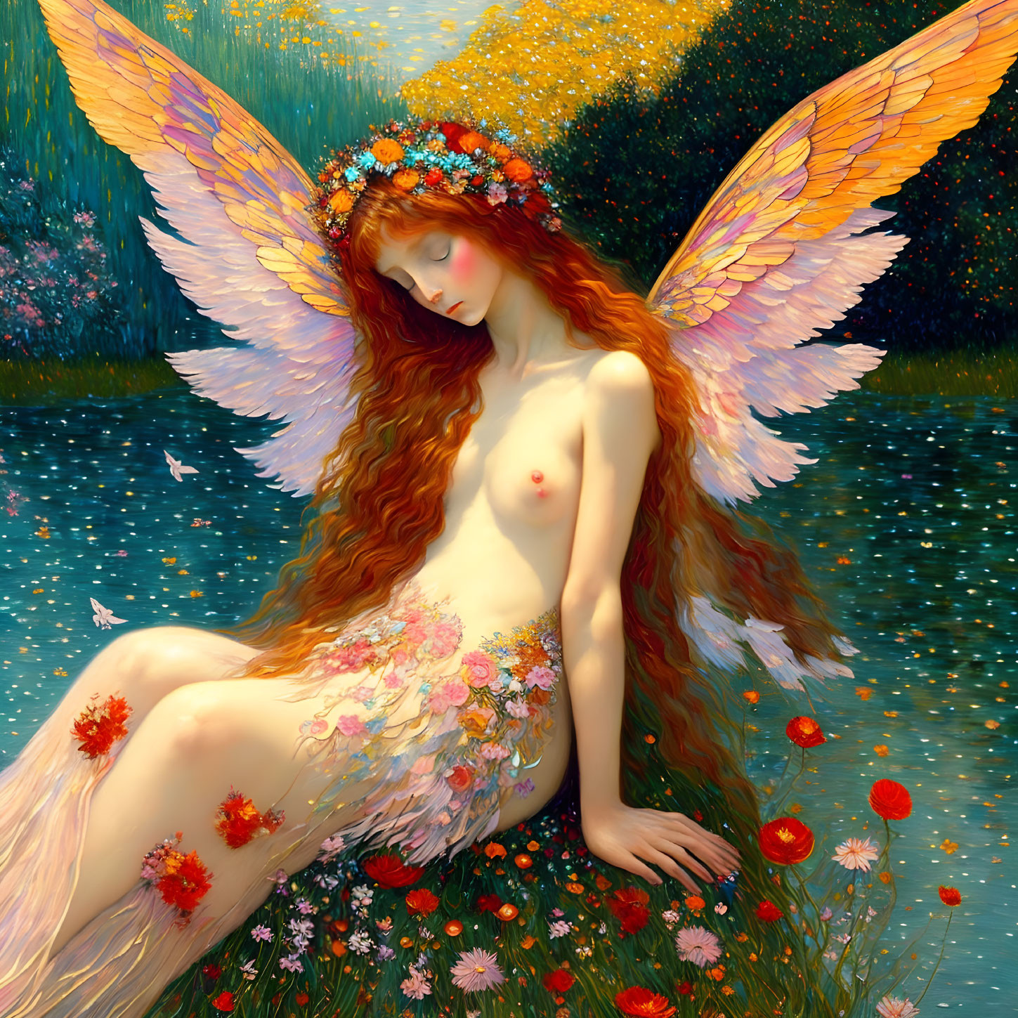 Ethereal winged figure with floral adornments by water