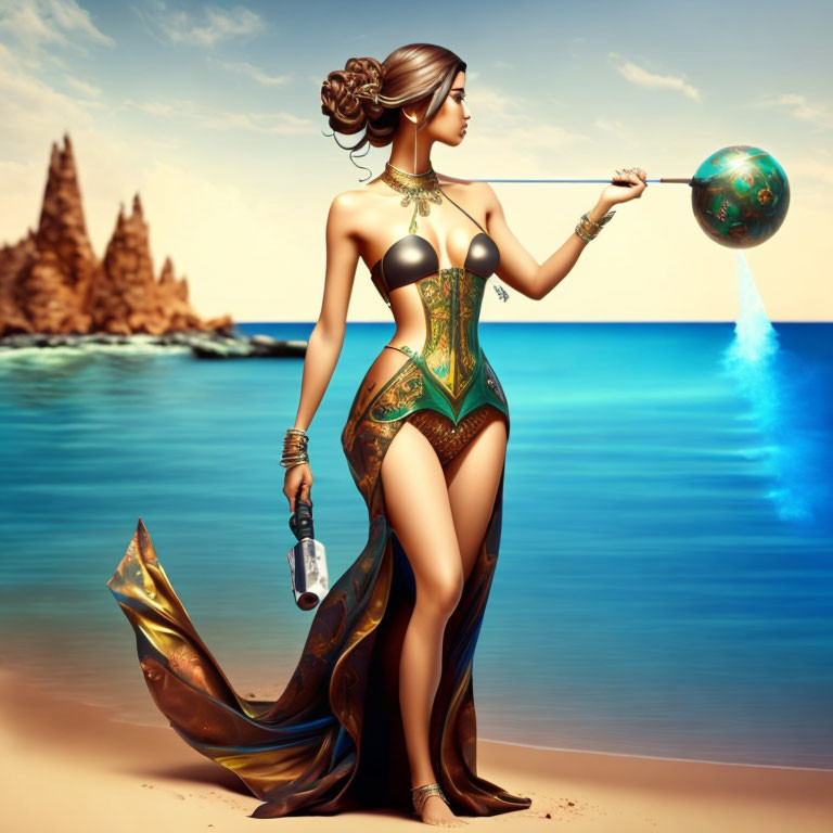 Stylized woman with ornate costume by ocean and rocks