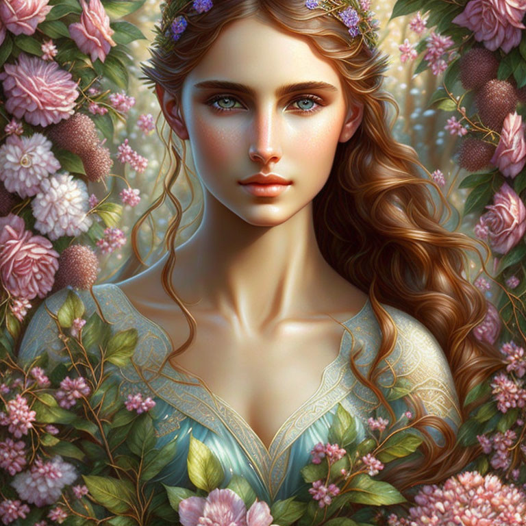 Digital artwork: Woman with flowing hair, blue eyes, and floral backdrop in fantasy setting