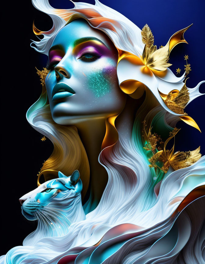 Colorful digital artwork: Woman with multicolored hair, blue tiger, golden leaves.