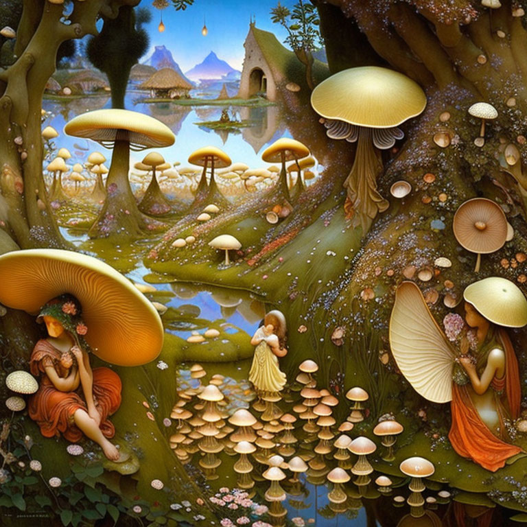 Fantasy scene with fairy-like figures, oversized mushrooms, lush landscape, huts, river, mountains