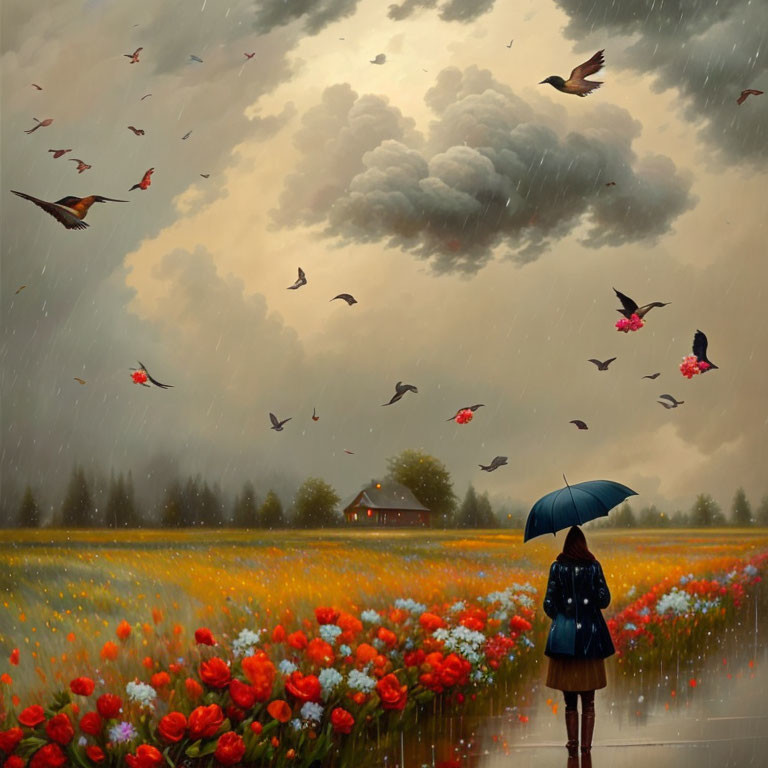 Person with umbrella in tulip field watching birds in rain shower near quaint house