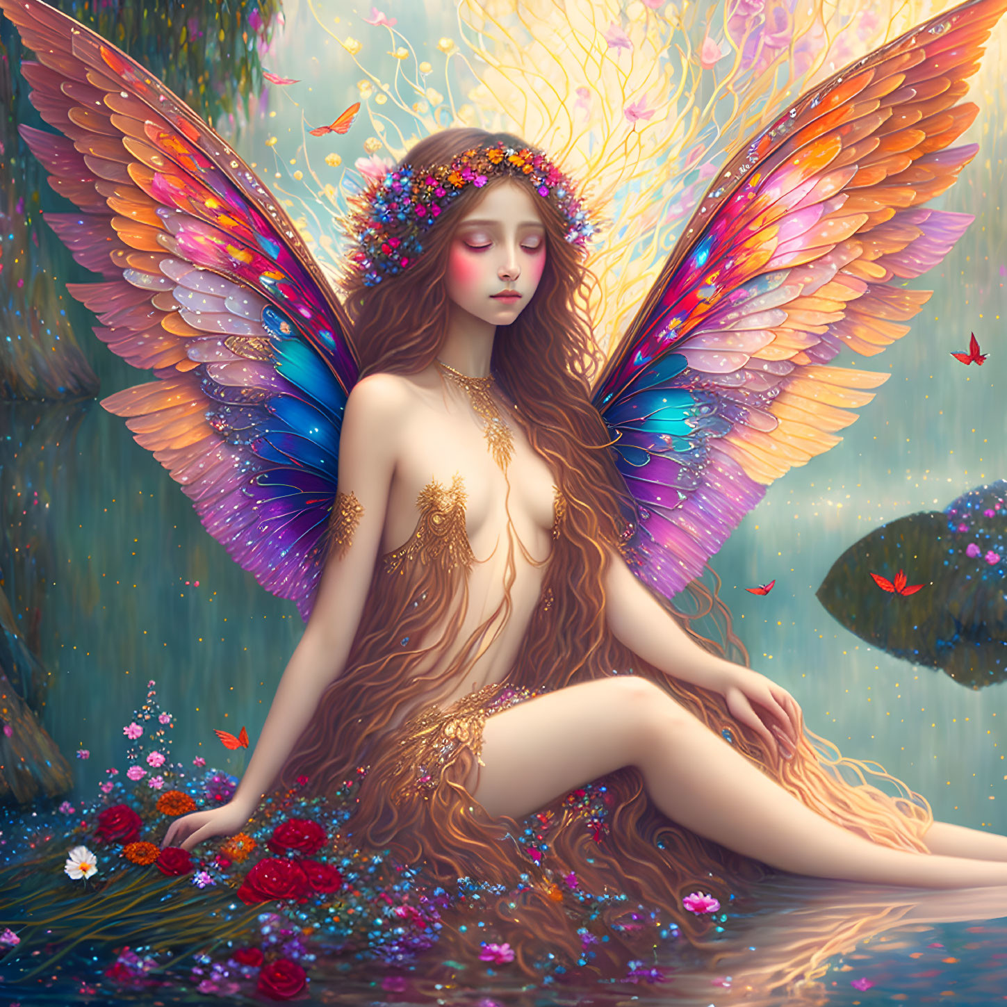 Ethereal fairy figure with vibrant wings in a serene garden