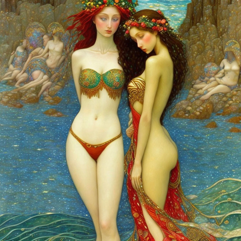 Stylized women on beach with intricate clothes and seashells