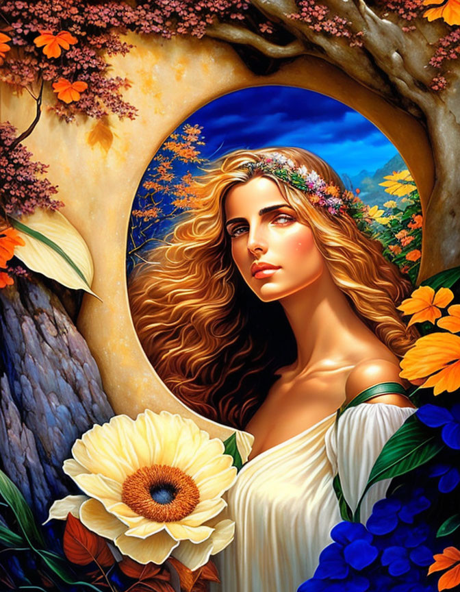 Colorful Woman Portrait with Floral Crown and Tree Arch