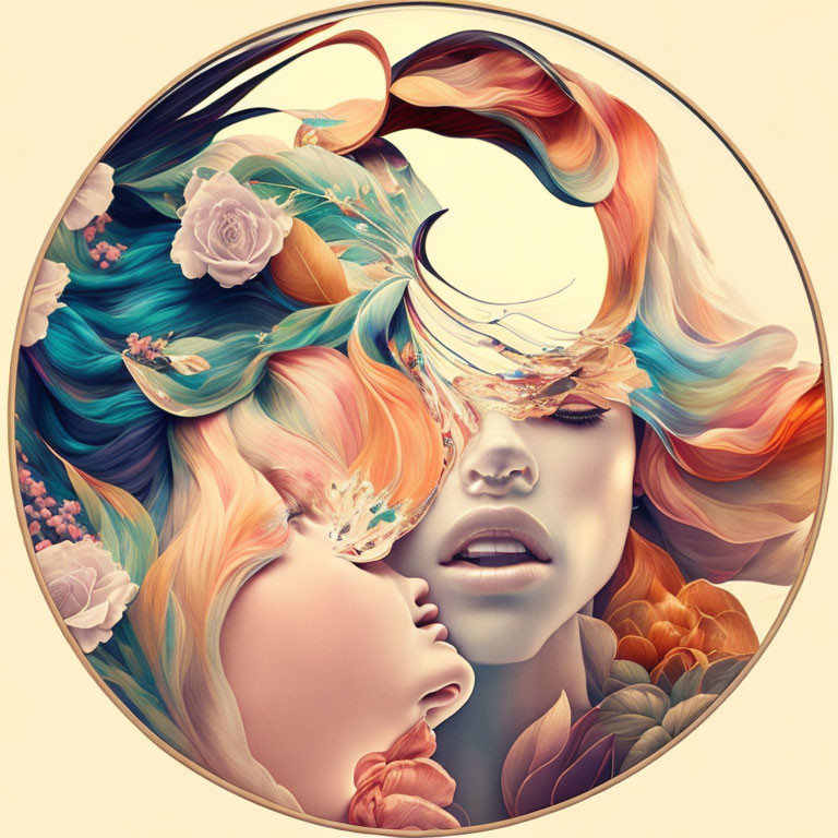 Abstract Art: Women's Faces with Floral Elements & Colorful Hair