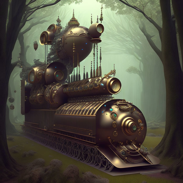 Steampunk-style train in misty enchanted forest