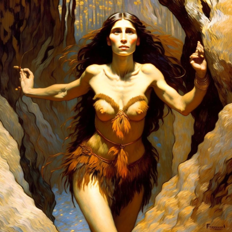 Woman with Long Dark Hair in Primal Attire Running Through Rocky Passage