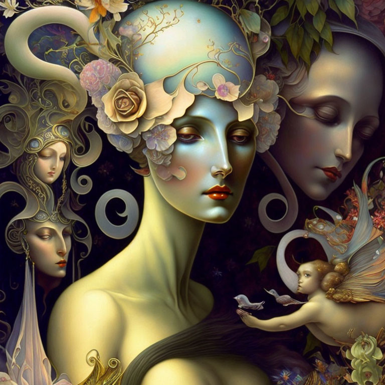 Surreal artwork: multiple female faces with floral and celestial motifs