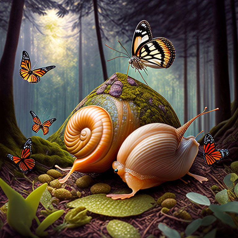 Colorful Snail with Butterflies in Forest Setting