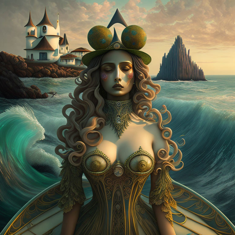 Fantastical illustration of woman in elaborate attire emerging from sea.