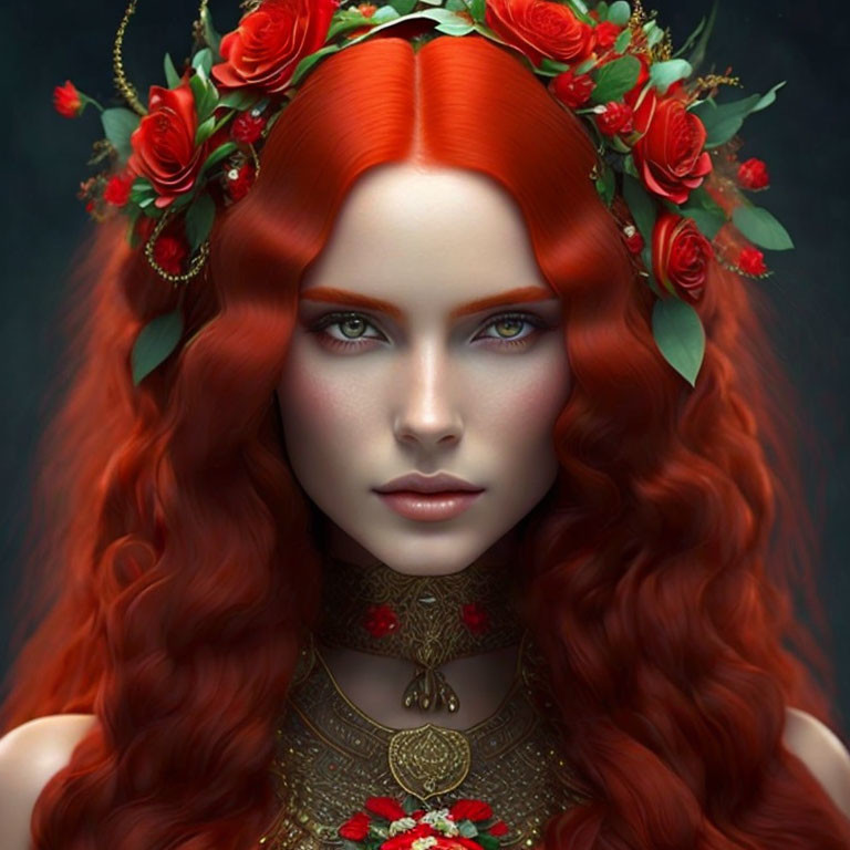 Vibrant red hair woman portrait with floral wreath and gold choker on dark background