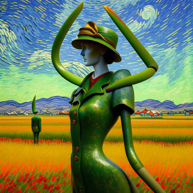 Stylized 3D female figure in green dress & hat in Van Gogh-inspired field