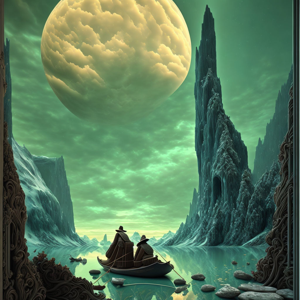 Alien river scene with boat, rock formations, moon, and green sky