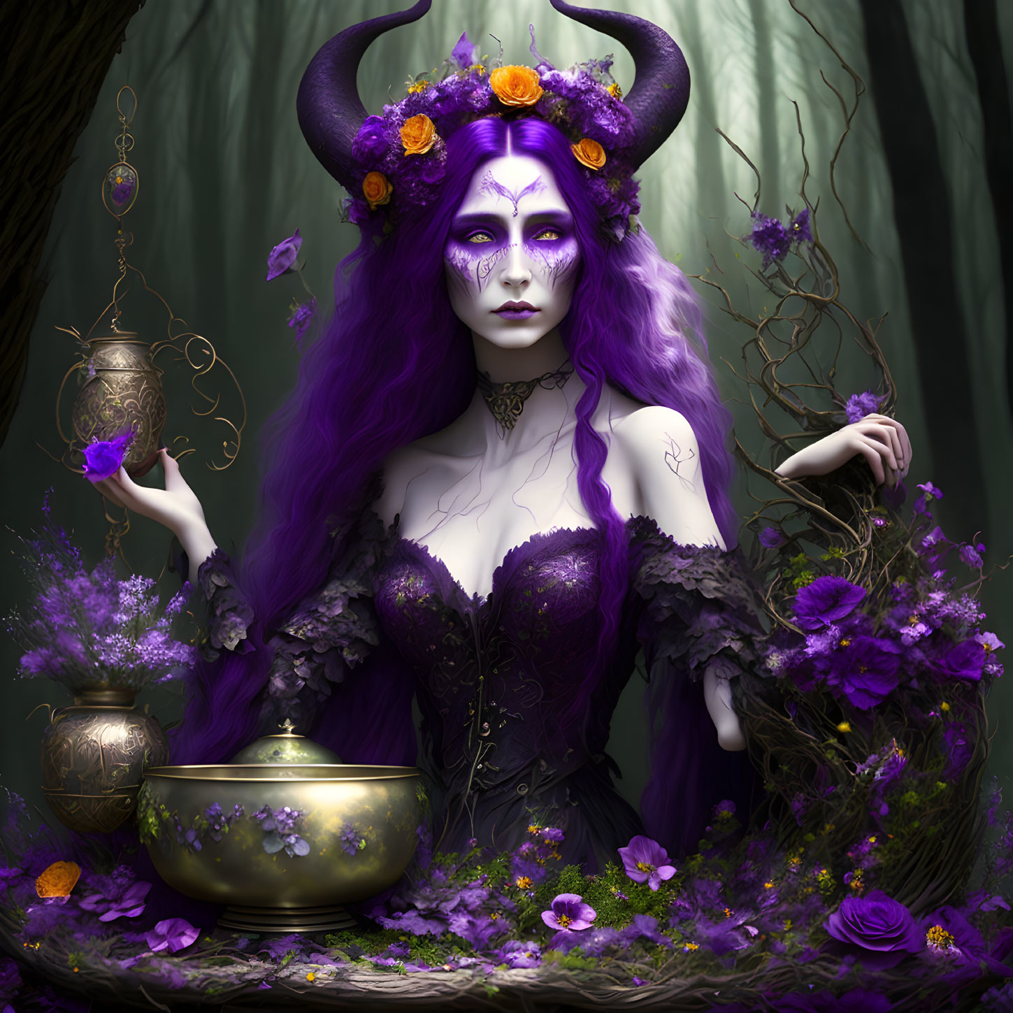 Purple-skinned figure with flower-adorned horns in mystical forest setting.