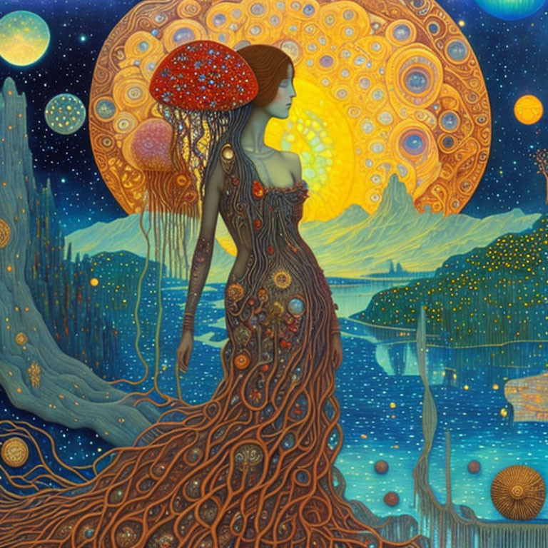 Surreal artwork of woman merging with landscape and cosmic backdrop