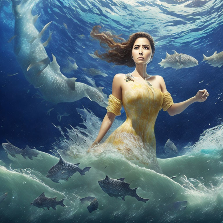 Woman in Yellow Dress Submerged with Fish