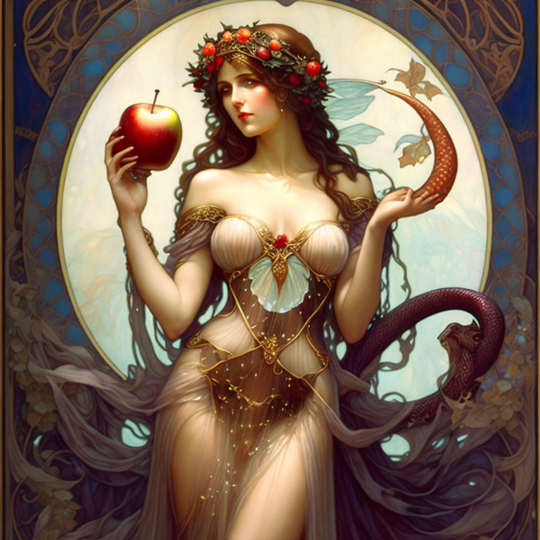 Woman with Floral Crown Holding Apple and Serpent: Mythical Illustration