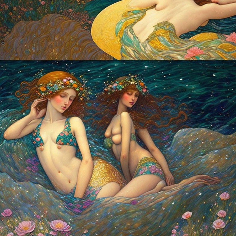 Women with floral headpieces floating on water in vivid art nouveau painting