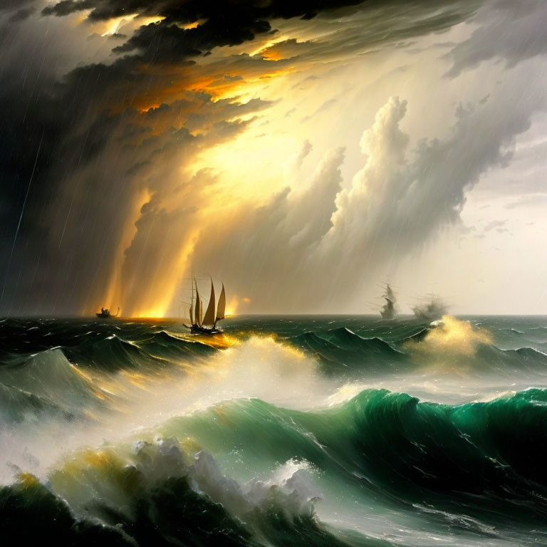 Stormy Seascape with Sailing Ships and Golden Light