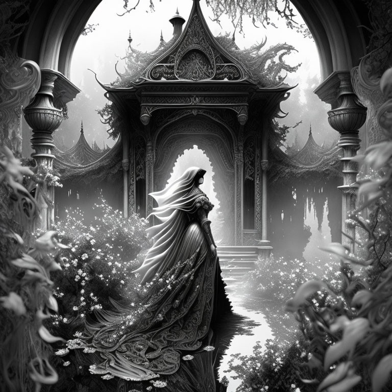 Monochrome fantasy art: Cloaked figure at ornate archway with forest scenery