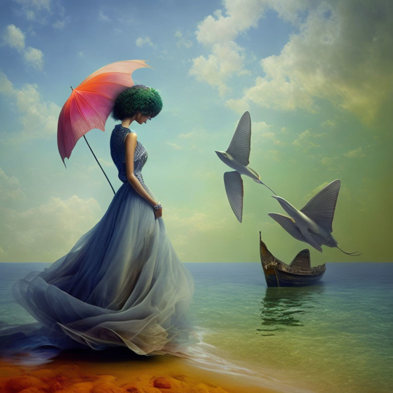 Woman in flowing dress with colorful umbrella by sea, stingrays and boat in dreamy sky