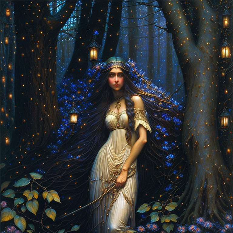 Mystical woman in white dress in enchanted forest with blue lights