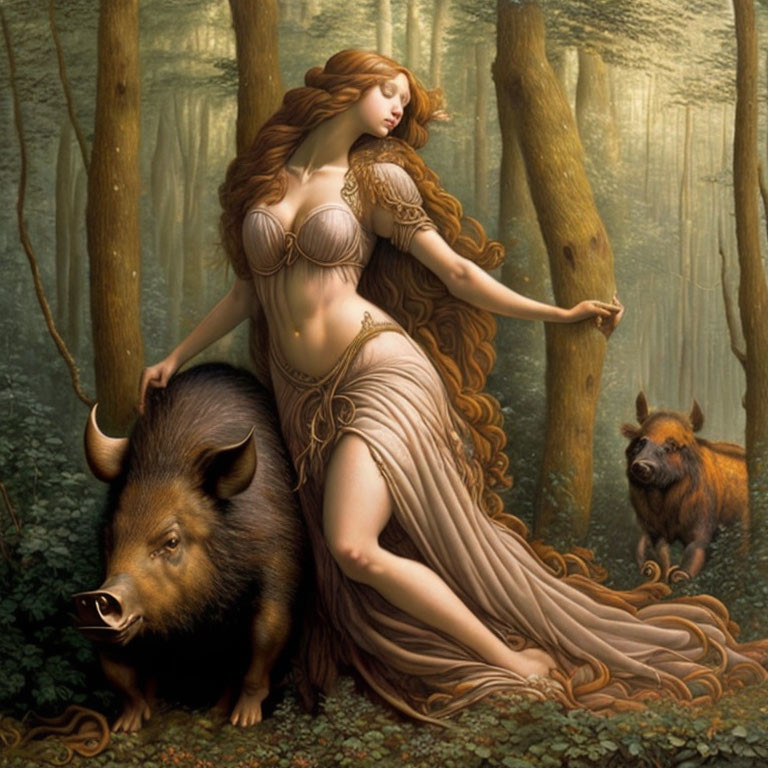 Woman with flowing hair and draped gown in forest with large and small boars