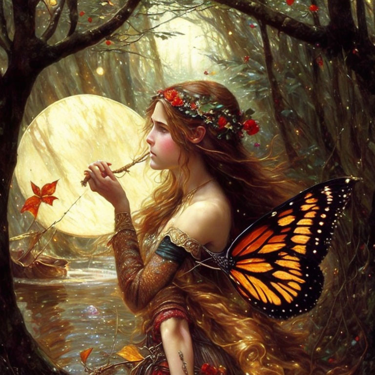 Fantasy painting of woman with butterfly wings by water's edge