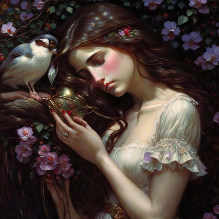 Woman with flowing hair and bird, gazing at golden object in lush floral setting