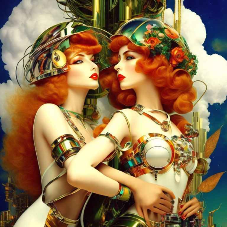 Stylized futuristic women with golden helmets against cloudy sky