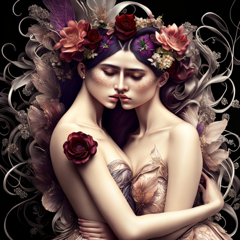 Surreal dark romantic artwork: Entwined female figures with floral headdresses