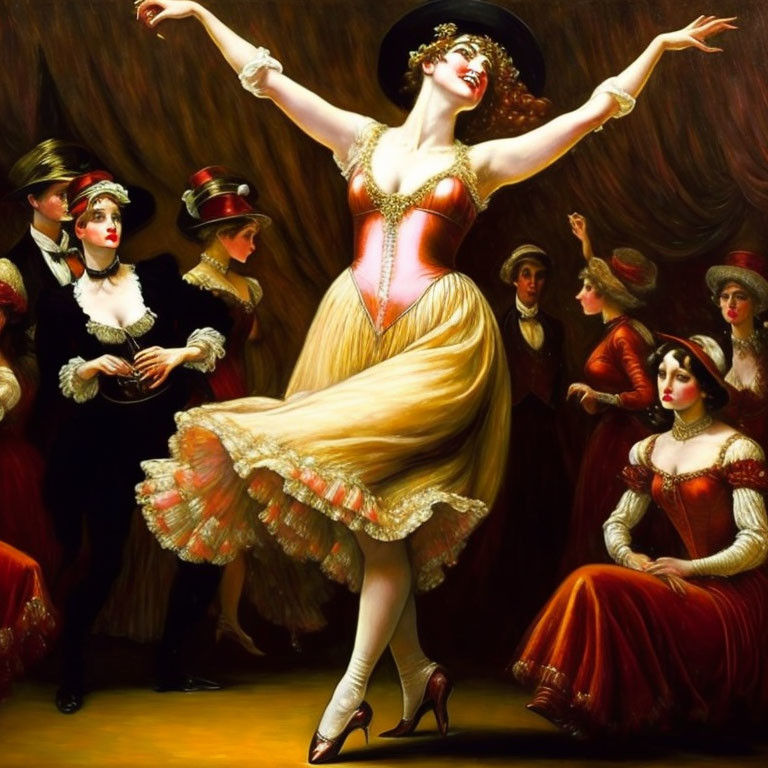 Elegant woman in flowing dress dances surrounded by stylish audience