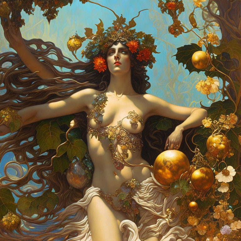 Ethereal woman with autumn leaves in hair holding golden fruit against blue sky