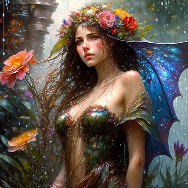 Fantasy female figure with floral wreath and wings in leaf dress.