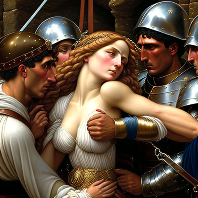 Woman with flowing hair escorted by armored soldiers in a painting