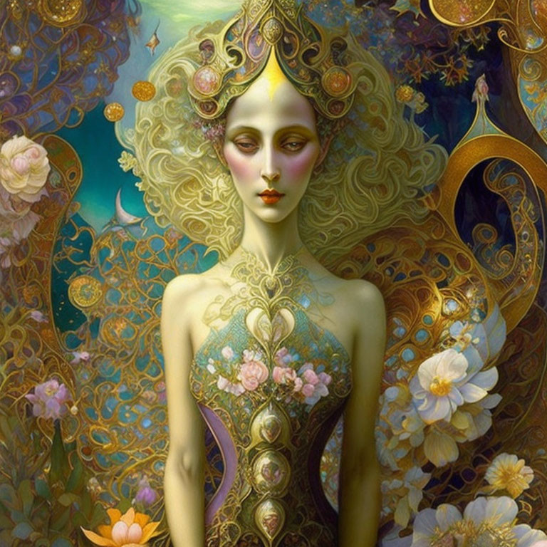 Surreal portrait of female figure with golden headpiece and floral motifs