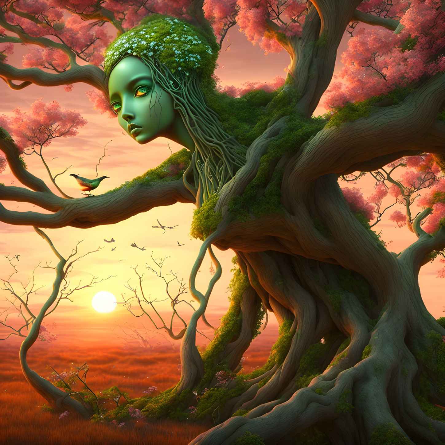 Green-skinned tree woman with leafy hair in cherry blossom setting at sunset