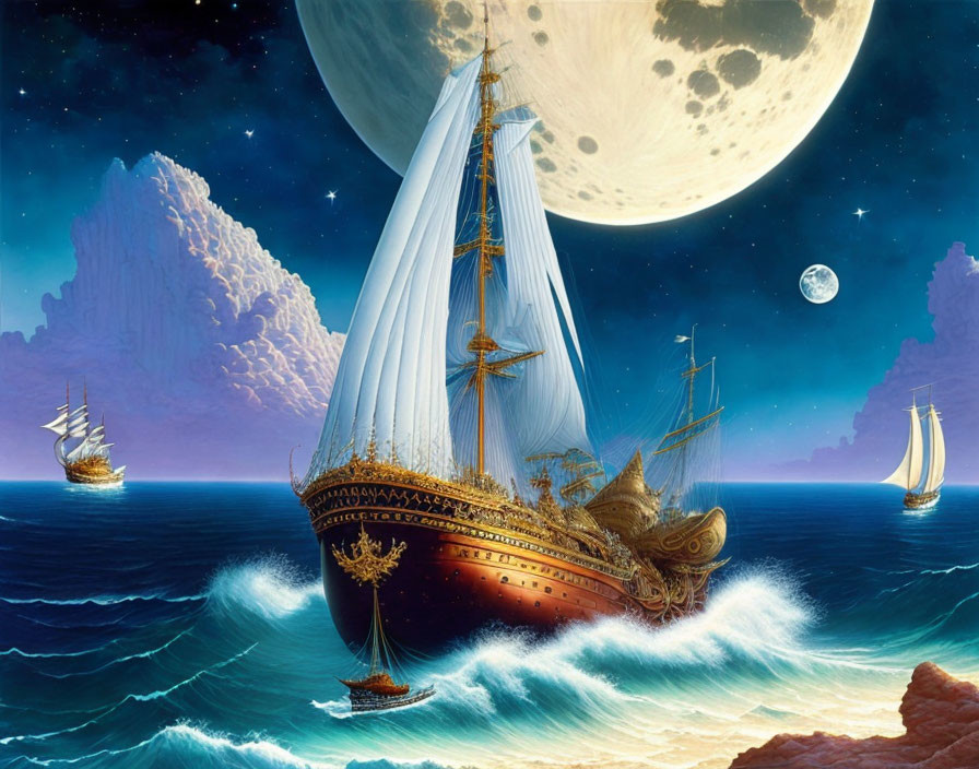 Elaborate sailing ships on moonlit sea with large moon