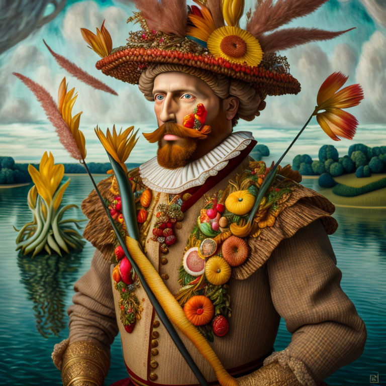 Man portrait made of fruits and plants with ornate hat and staff in serene landscape